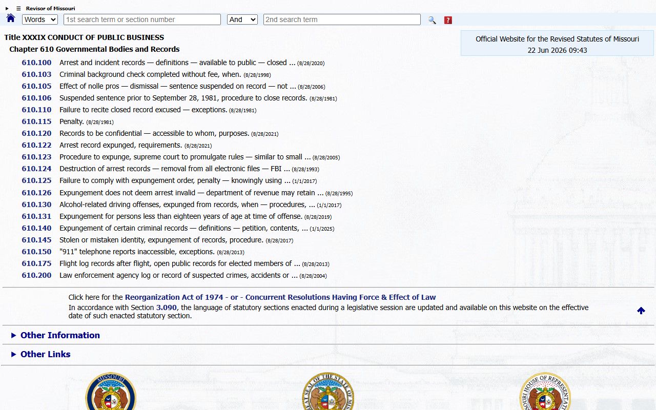 Iron County court dockets Missouri Chapter 610 access and expungement source