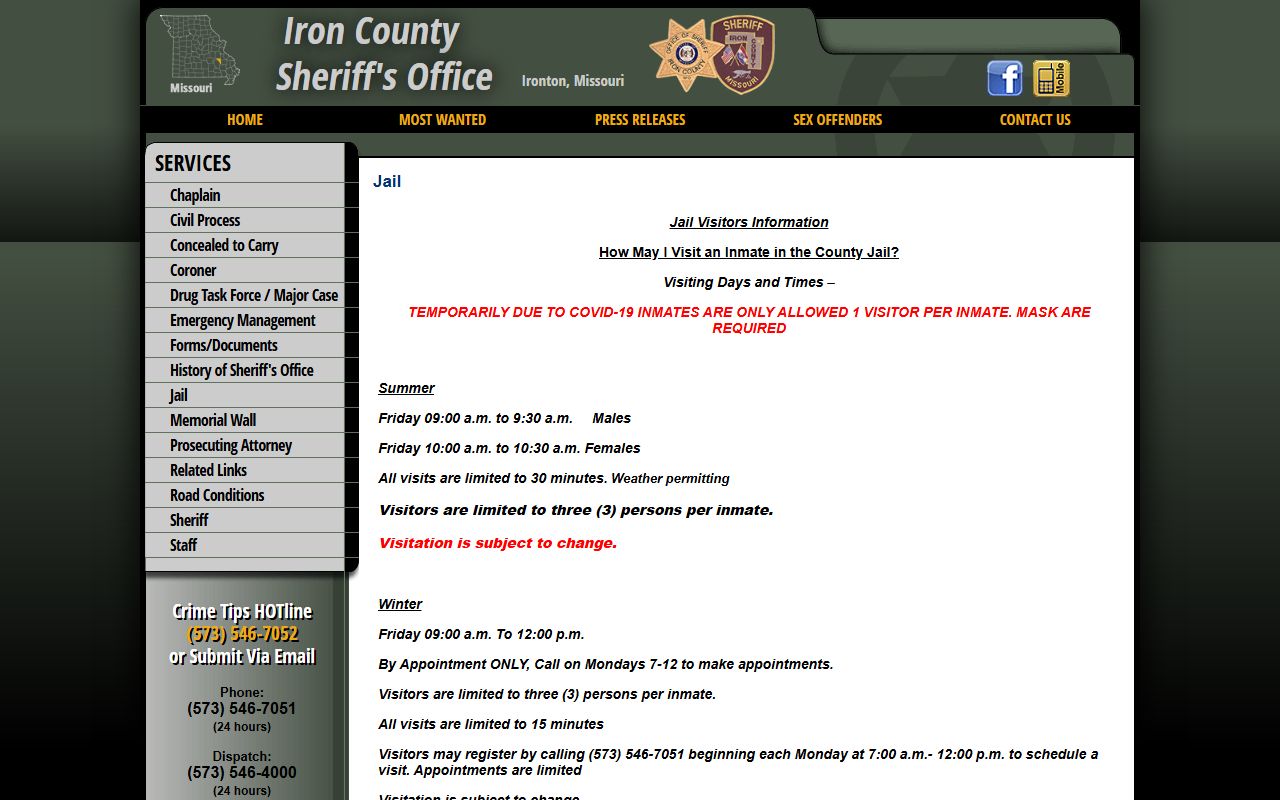 Iron County warrant records older sheriff jail information page